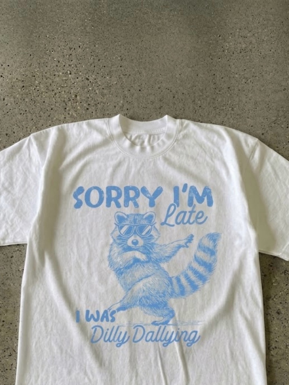 Sorry I’m Late Dilly Raccoon Unisex Gildan White Tee Funny Meme Graphic T-Shirt - Picture 2 of 4